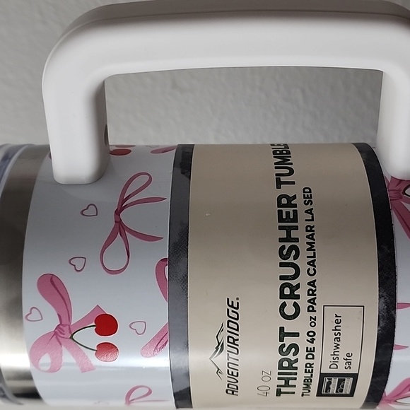 ✨️🍒🎀NWT THIRST CRUSHER TUMBLER / WITH PINK BOWS 🎀/ CHERRIES 🍒& 💓HEARTS - Picture 2 of 8